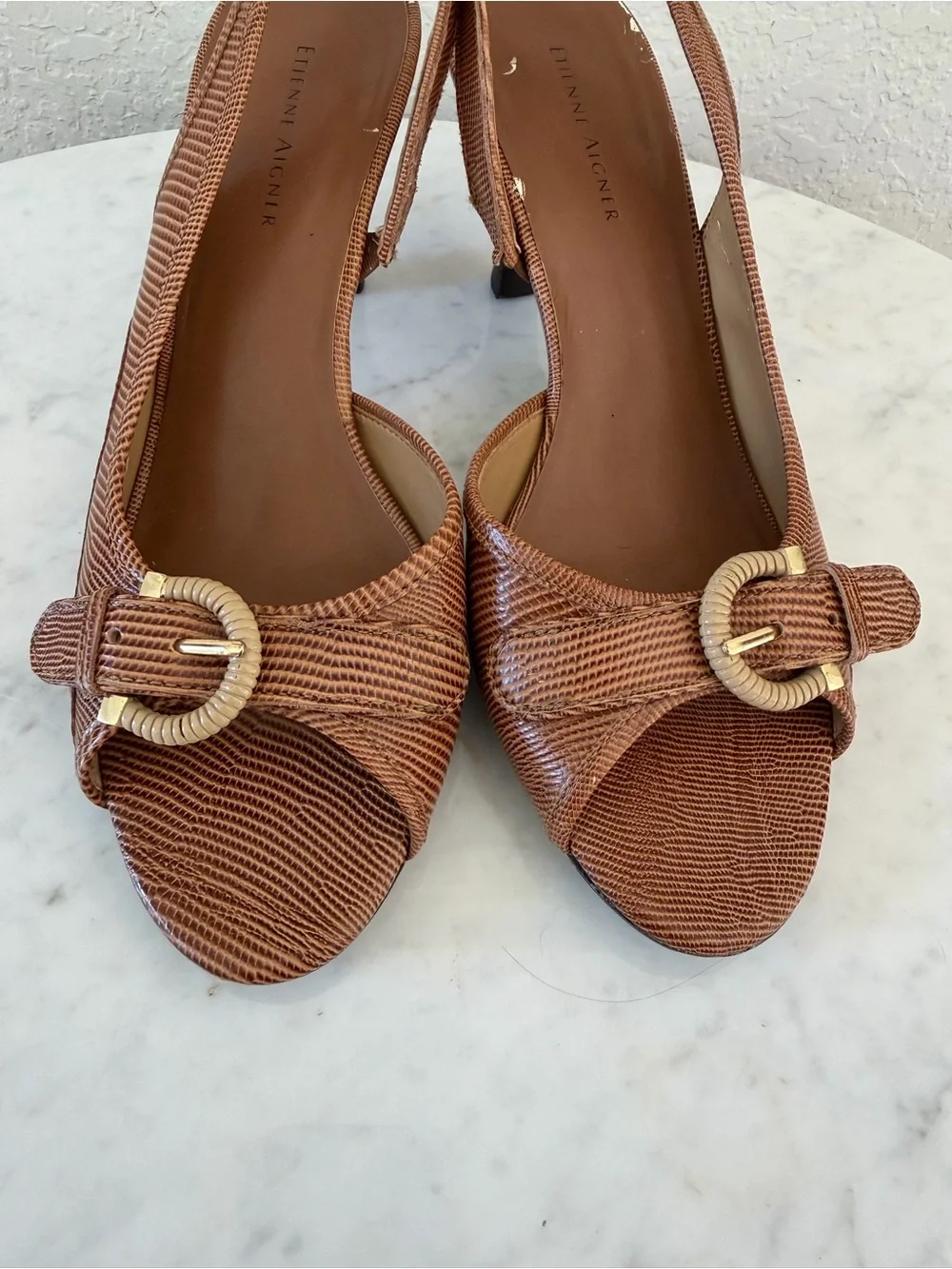 Vintage Y2K Etienne Aigner Brown Lizard Embossed Leather Slingback Heels 7.5